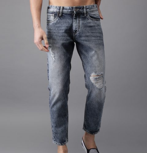 Ankle Length Slim Tapered Fit Mid-Rise Mildly Distressed Blue Jean